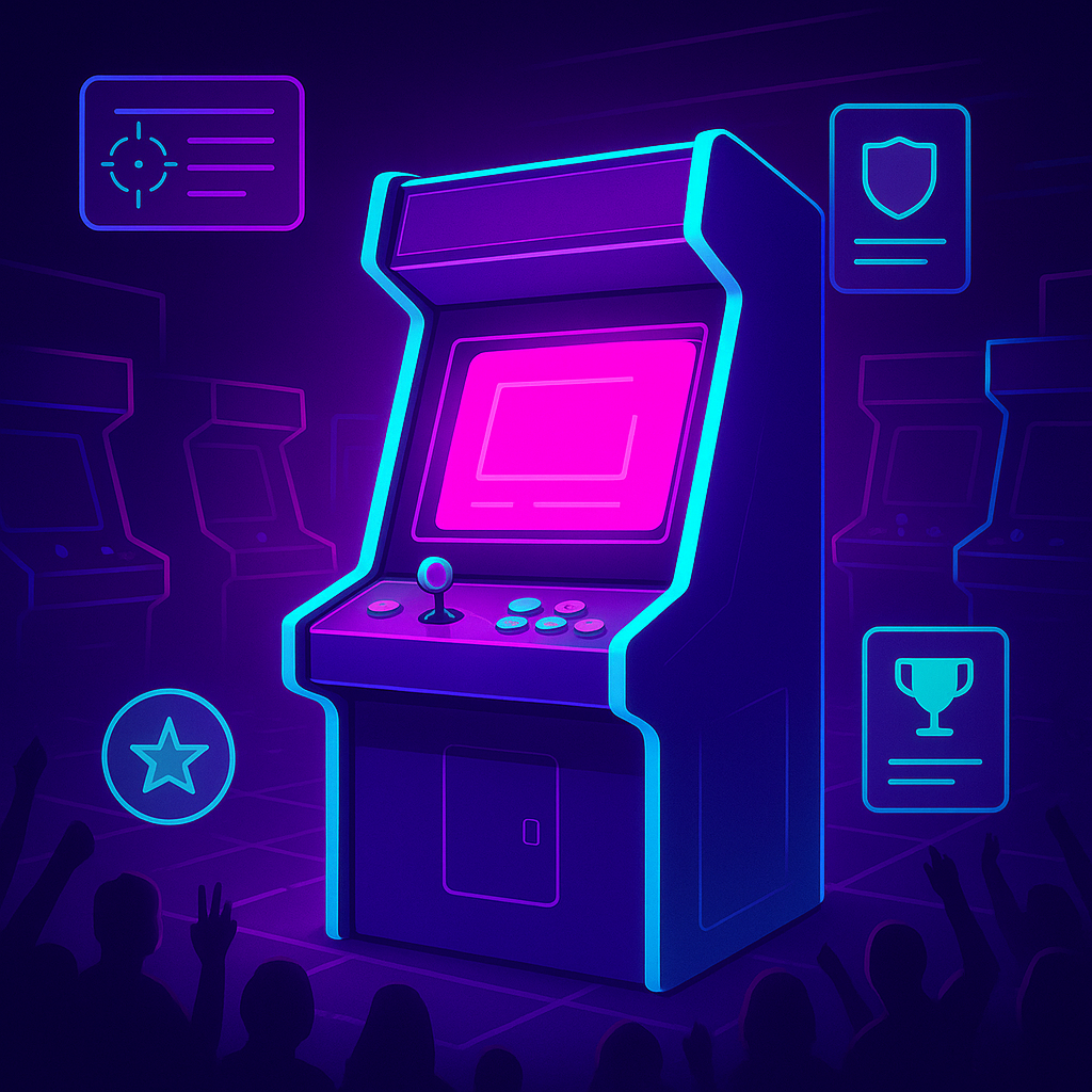 ArcadeForge hero art — neon arcade scene with interface HUD